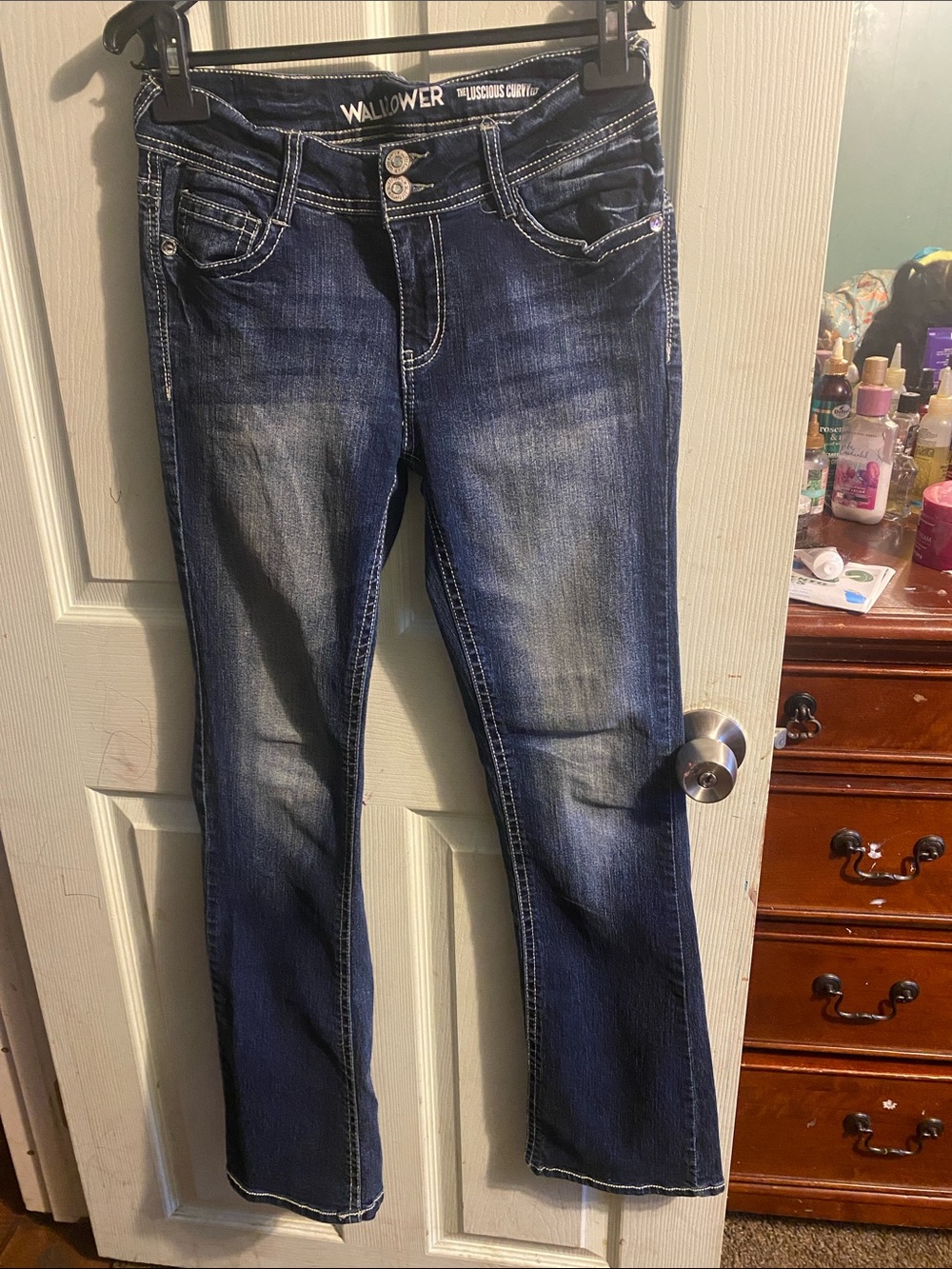 Wallflower Women's Dark Indigo Bootcut Jeans with Fading